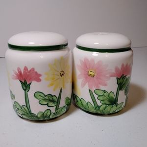 VINTAGE Salt and pepper shakers white with green trim and flowers on sides